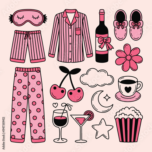 Cute pink pajama party objects set sleepwear cosmetics drinks snacks girly doodle illustration