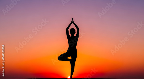 Serene Silhouette: A lone figure finds balance and inner peace, poised in a graceful yoga pose against a radiant sunset backdrop, creating a moment of tranquility and spiritual connection.