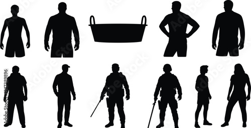 Human body and worker silhouettes collection, male and female standing figures with container tub, security guard and people character vector illustration set