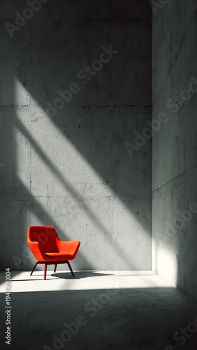Isolated red chair on a empty concrete room