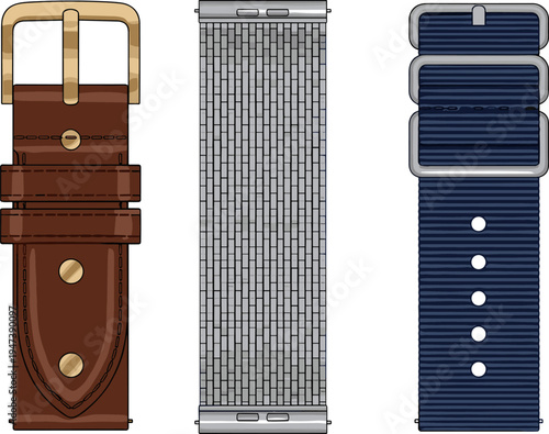 Watch strap collection, leather metal and fabric wristwatch bands, smartwatch replacement straps accessory set vector illustration design