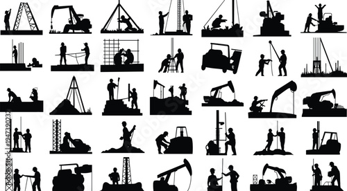 Oil and gas industry silhouettes set, workers drilling rig, excavator, pumpjack and construction equipment operations, industrial energy workforce vector illustration collection