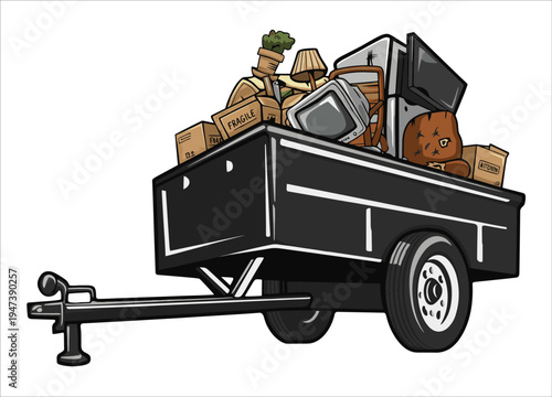 Overloaded moving trailer with household items a practical illustration on transparent background silhouette high quality professional detailed modern elegant stylish clean