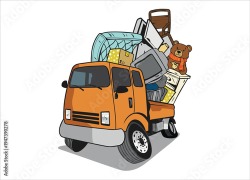 Overloaded moving truck carrying household items a bear and more on transparent background silhouette high quality professional detailed modern elegant stylish