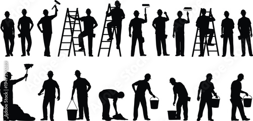 Painter worker silhouettes collection, house painters using roller, ladder and paint bucket in working poses, home renovation service vector illustration set