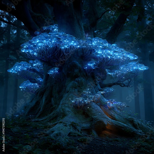 Mystical Ancient Tree with Glowing Blue Bioluminescent Mushrooms in Dark Fantasy Forest