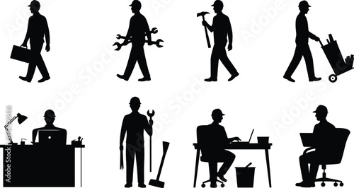 Professional worker silhouettes set including builder, handyman, technician and office employee with tools, laptop and equipment in different occupations vector illustration