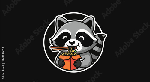 Cartoon raccoon eating noodles