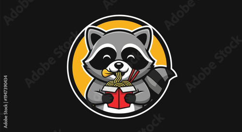 Cartoon raccoon eating noodles isolated vector
