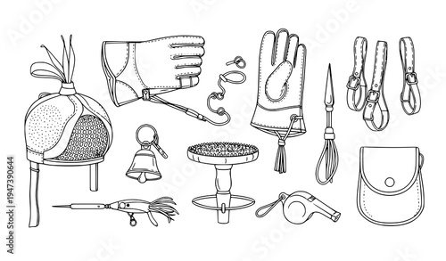 Falconry training equipment outline vector set with hood glove perch lure and bell