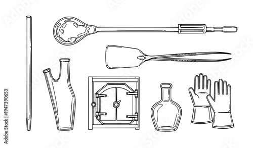 Glassblowing workshop tools outline vector set with blowing pipe furnace tweezers and glass bottle