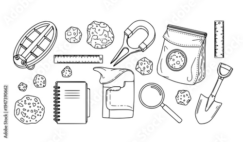 Meteorite hunting tools and space rock samples outline vector set with detector magnet and samples