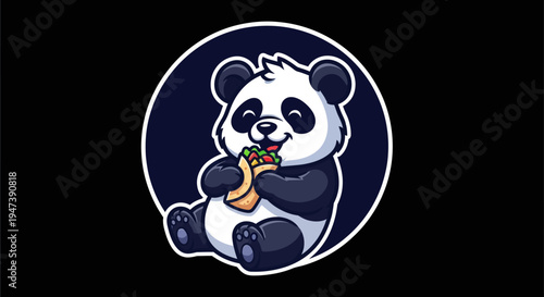Cartoon panda enjoying food on black