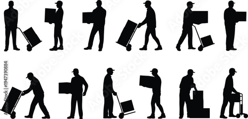 Warehouse and delivery worker silhouettes carrying boxes and pushing hand truck trolley, logistics staff performing cargo handling and package transport vector illustration