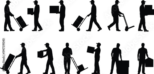 Warehouse and delivery worker silhouettes carrying boxes and pushing hand truck trolley, logistics staff performing cargo handling and package transport vector illustration
