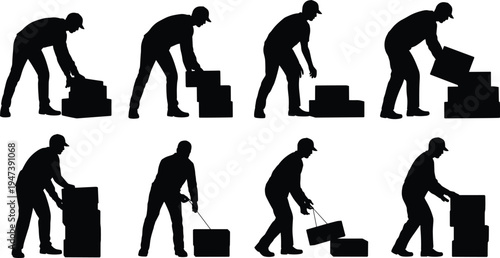 Warehouse worker silhouettes stacking and lifting boxes set, laborer carrying packages and arranging cargo, logistics storage handling team vector illustration isolated