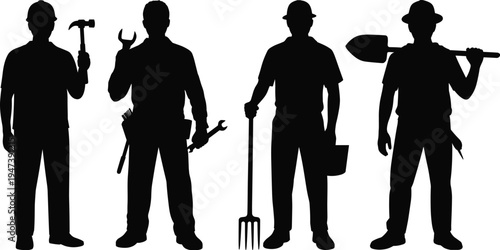 Worker silhouettes collection, builder handyman and farmer with tools poses, construction and agriculture labor characters set, black vector isolated on white background