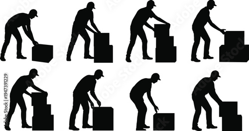 Warehouse worker silhouettes stacking boxes set, laborer lifting carrying and arranging cargo packages, logistics storage work vector illustration isolated on white background