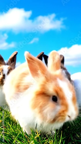Four adorable rabbits sitting on green grass under blue sky