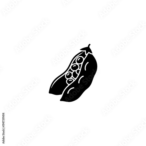 Black and white illustration of a single pod with peas inside