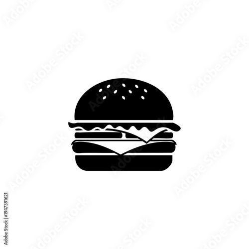 Classic black and white hamburger illustration with sesame seed bun