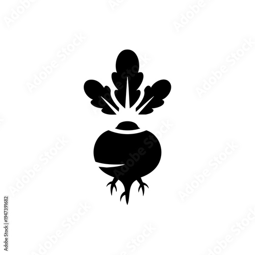 Black and white illustration of a bearded root vegetable with leafy green top