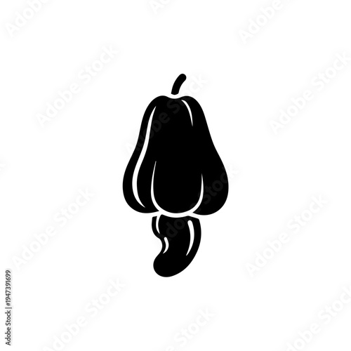 Black and white illustration of a stylized pear with a stem and leaf