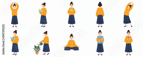 Flat Illustration Lifestyle Different Activity of Woman Daily Routine Set