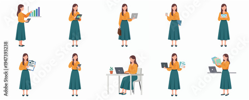 Flat Cartoon Style Full Body Business Woman Character Set Poses Illustration