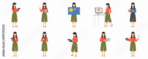 Flat Illustration Set of Young Woman in Various Creative Professions