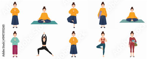 Flat Illustration Woman in Various Yoga Poses and Active Lifestyle
