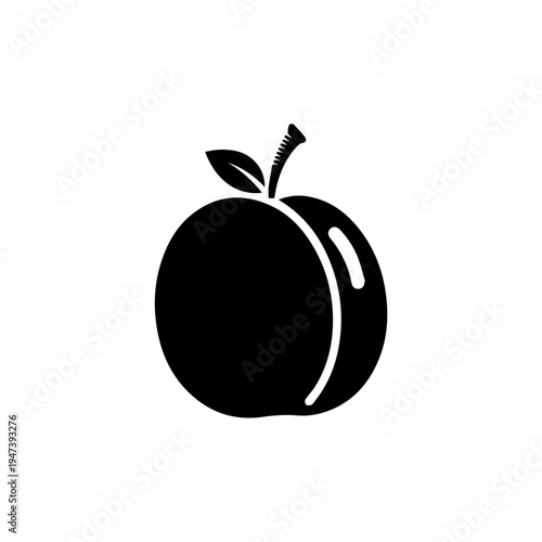 A sleek black and white illustration of a single plum with a leafy stem