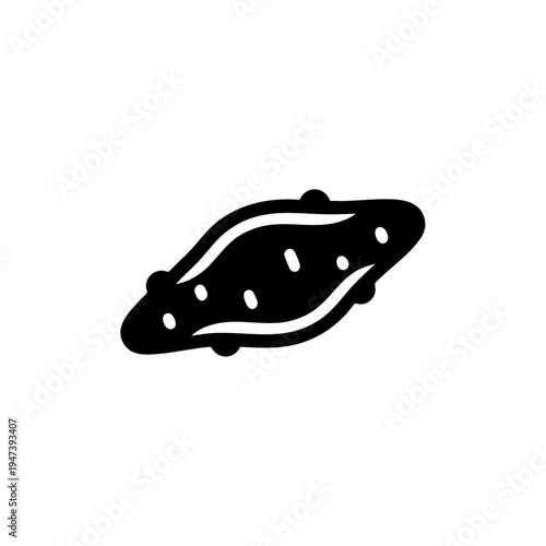 A minimalist black and white illustration of a stylized leaf or plant pod with dots