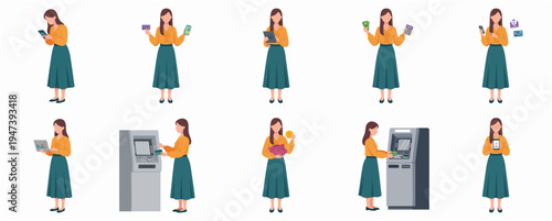 Flat Illustration Set of Woman Financial Activity and Payment Method