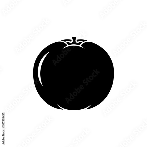 Black silhouette of a ripe tomato with a green stem and leaf