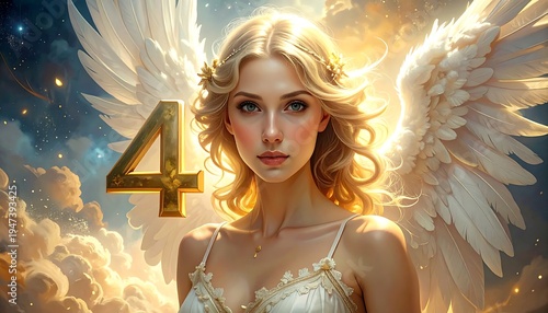 A celestial portrait shows a fair-haired female figure with large, feathered wings, golden adornments, and the number 
