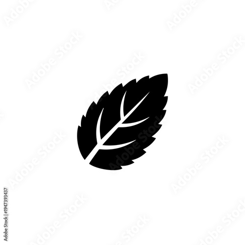 A sleek black silhouette of a mint leaf with smooth, defined edges.