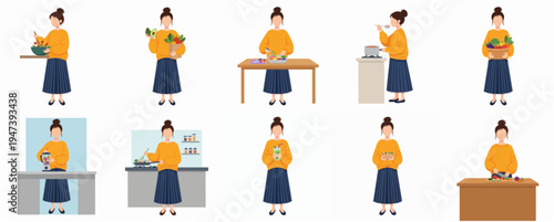 Illustration Set of Young Woman Cooking and Preparing Food at Home