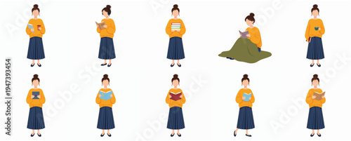 Illustration Collection of Woman Reading a Book in Various Poses and Situations