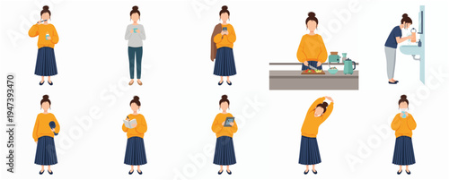 Minimalist Woman Character Daily Activity Flat Design Illustration Set