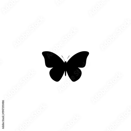 A minimalist black silhouette of a butterfly with spread wings