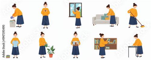 Flat Woman Doing Various Housework Chores Activity Illustration Set