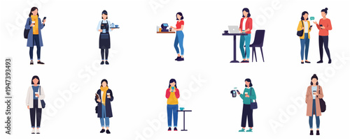 Flat Diverse Women Lifestyle Characters with Drinks Illustration Set