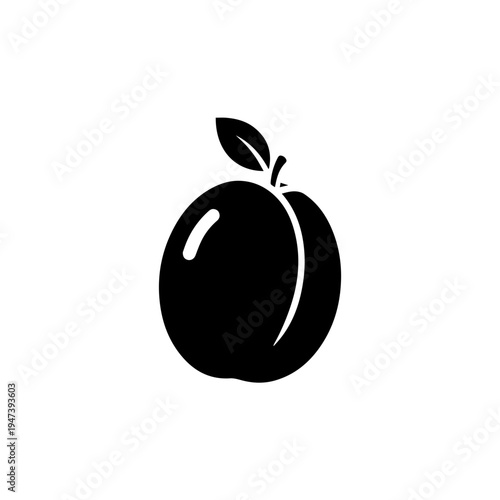 Simple black and white illustration of a plum with a green leaf