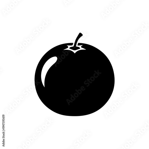 Simple black and white illustration of a plum with a stem and leaf