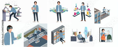 Flat Illustration of Man Character in Different Modern Retail Technology Activities