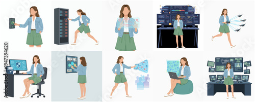 Flat Style Diverse Woman IT Professional Character Set Illustration