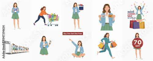 Flat Style Collection Woman Character with Shopping and Promotion Element Illustration