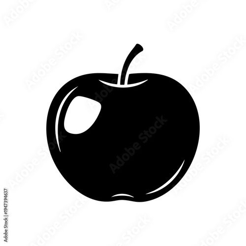 A sleek black and white illustration of a single apple with a stem
