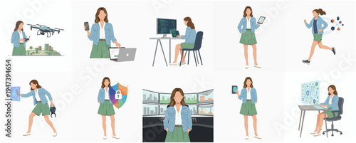 Minimalistic Diverse Businesswoman in Various Technology Scenarios Flat Illustration Set